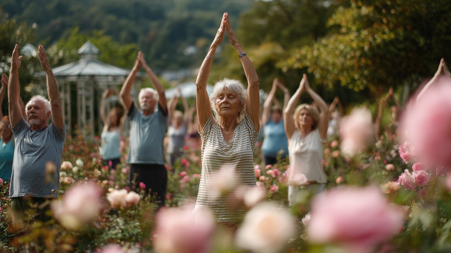 Grup de seniori practicând yoga în aer liber